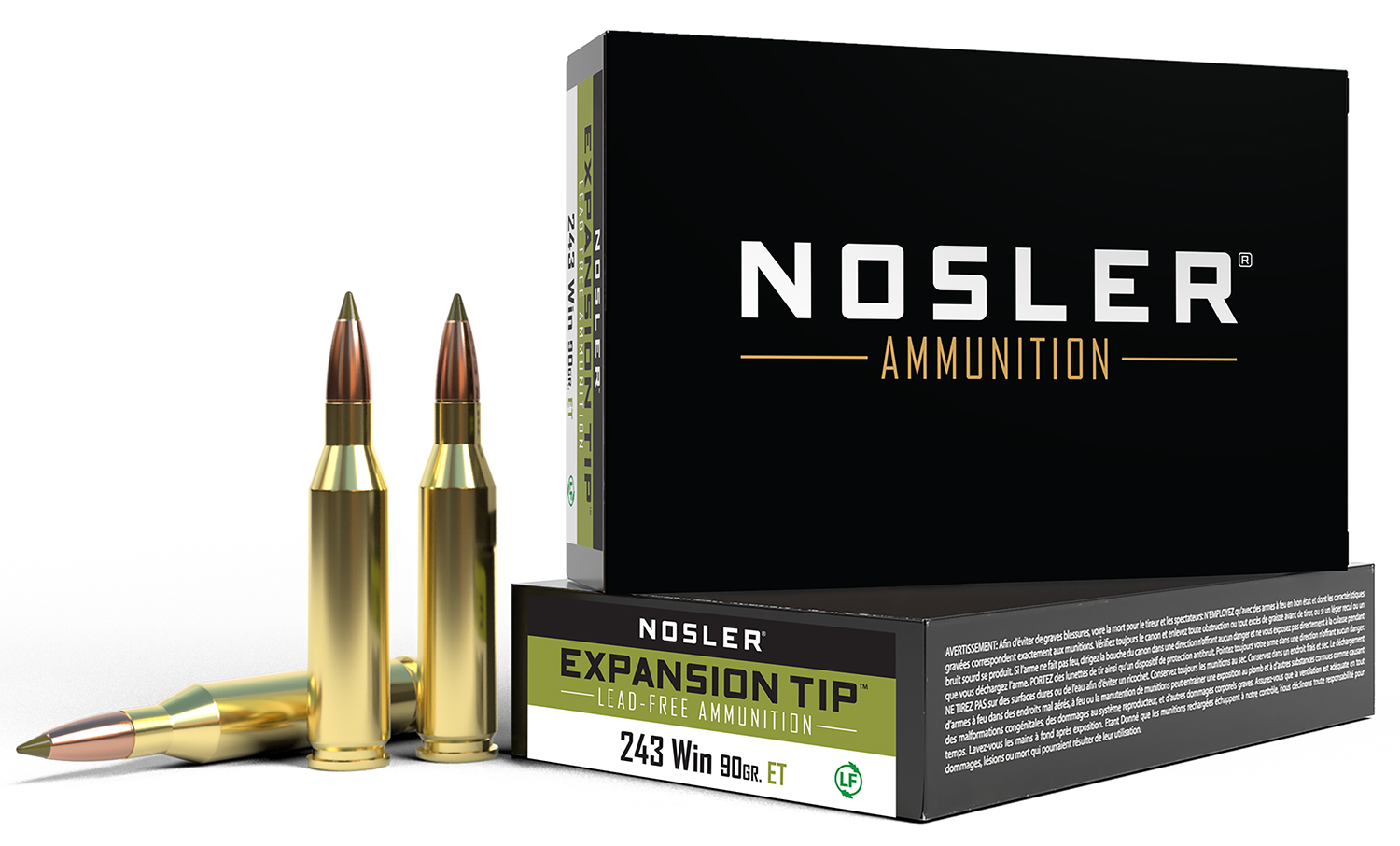 Nosler 243 Winchester 90 Grain E-Tip Lead-Free Brass Cased Rifle Ammo - 20 Rounds, High-Performance Hunting Bullet