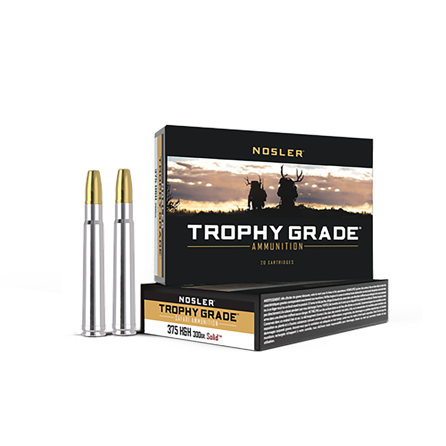 Nosler 40608 Trophy Grade Safari Ammunition, 375 H&H Mag, 300gr Nosler Solid, Nickel-Plated Brass, 20 Rounds