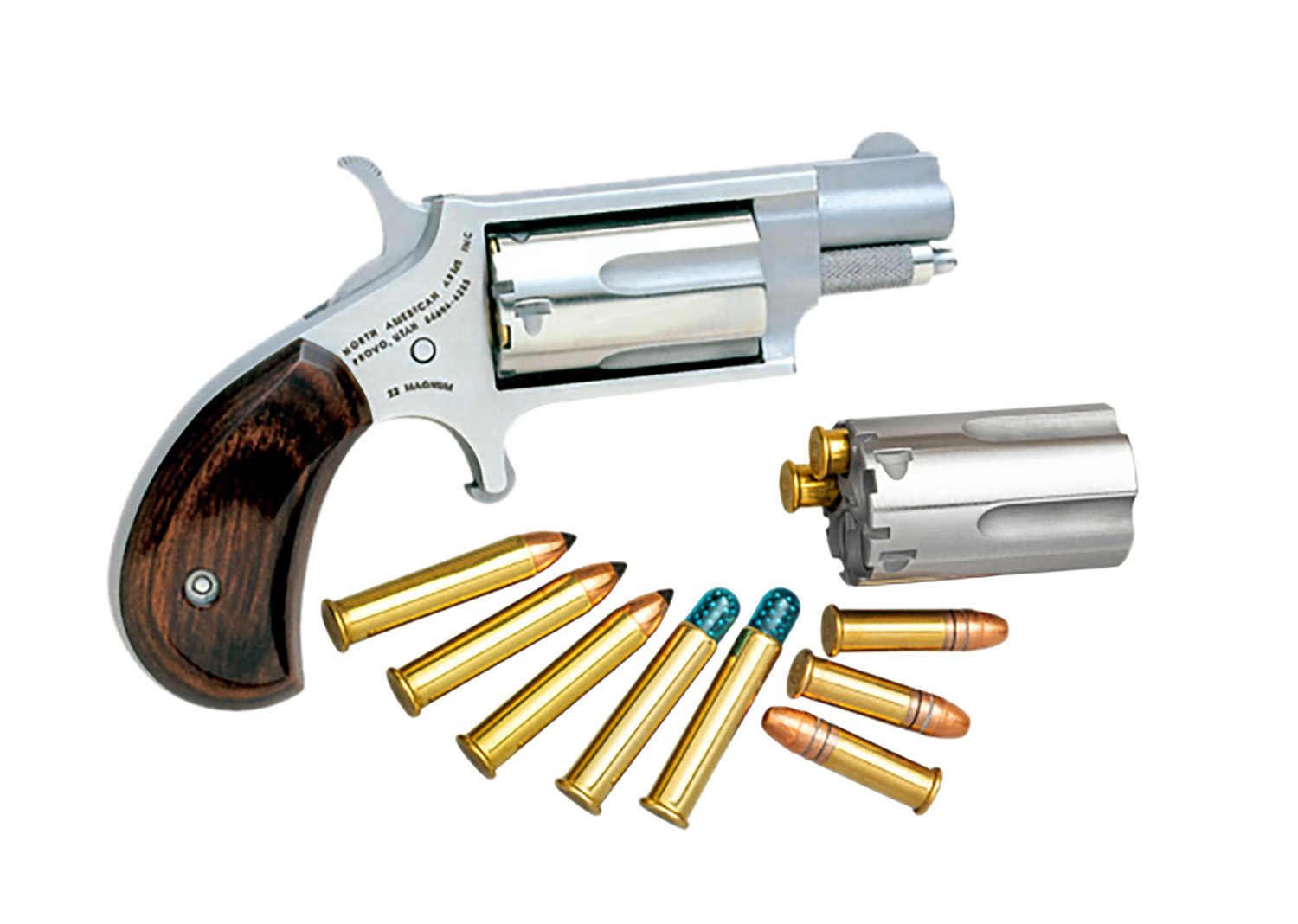 North American Arms 22MSC Mini-Revolver  22 LR/22 WMR 5 Shot 1.13" Stainless Steel Barrel, Frame & Cylinder, Rosewood Birdshead Grip Exposed Hammer