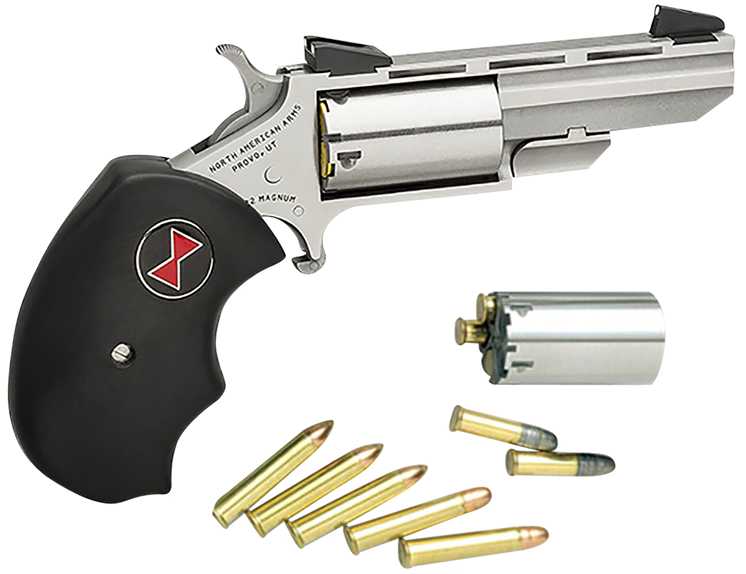 North American Arms BWC Black Widow  22 LR/22 WMR 5 Shot 2" Stainless Steel Vent Rib Barrel, Stainless Steel Frame, Stainless Cylinder, Black Finger Grooved Rubber Grip, Exposed Hammer