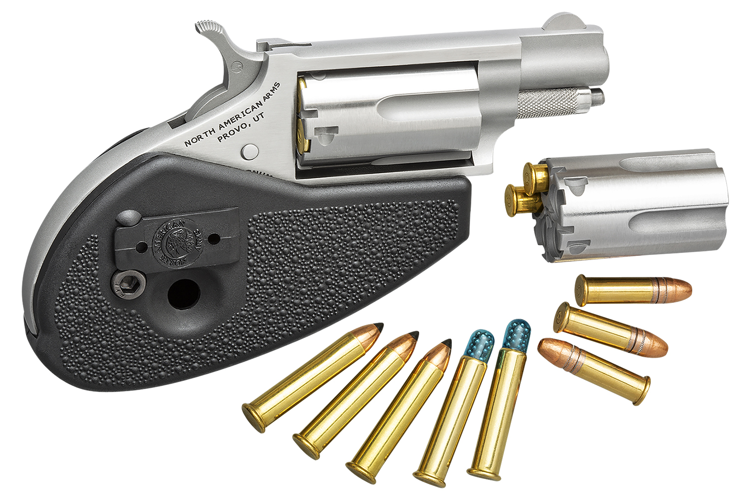 North American Arms 22MSCHG Mini-Revolver  22 LR/22 WMR 5 Shot 1.13" Stainless Steel Barrel, Frame & Cylinder, Black Synthetic Holster Grip, Exposed Hammer
