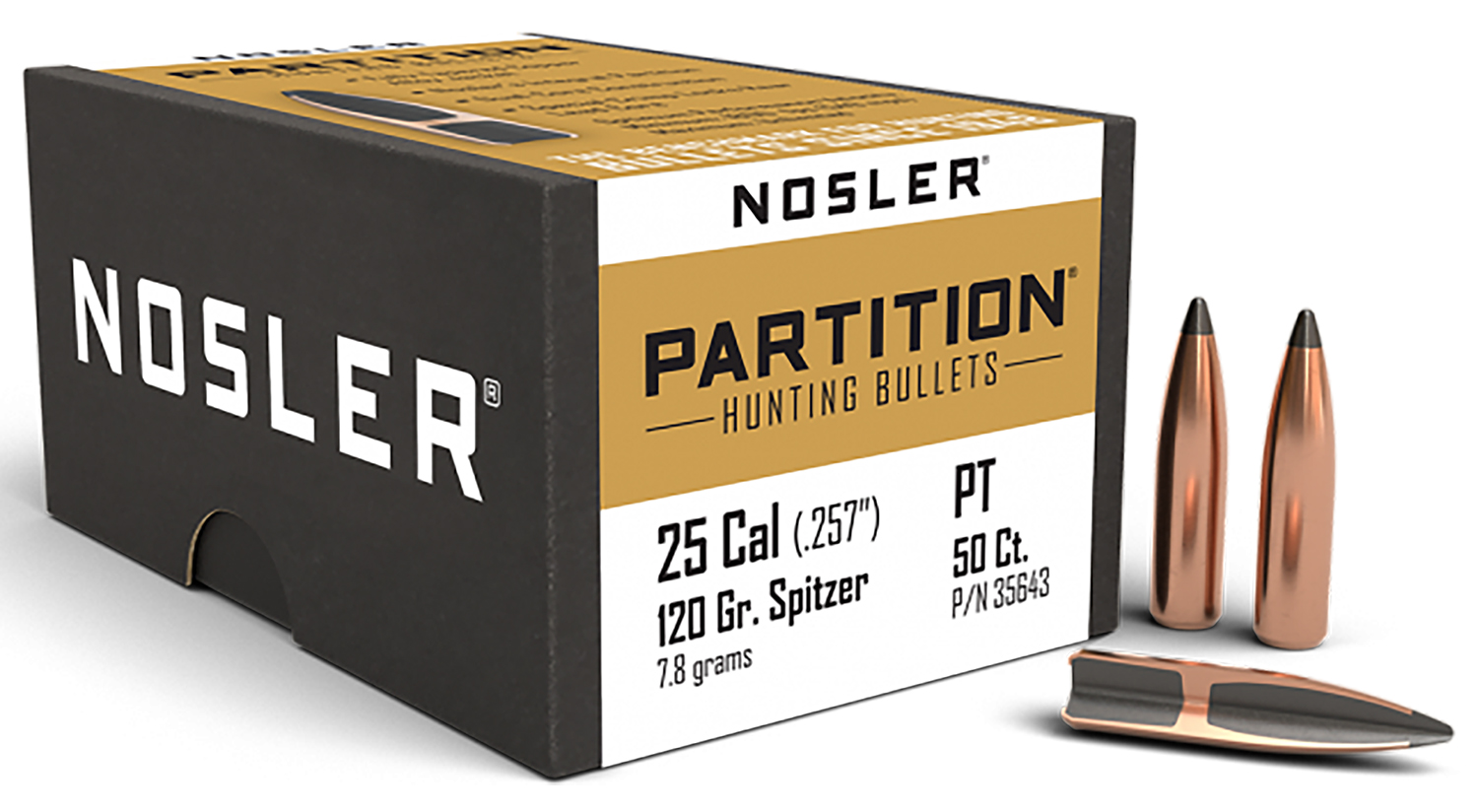 Nosler Partition .25 Caliber 125gr Spitzer Point Bullets, Copper, 50 Pack - Model 35643