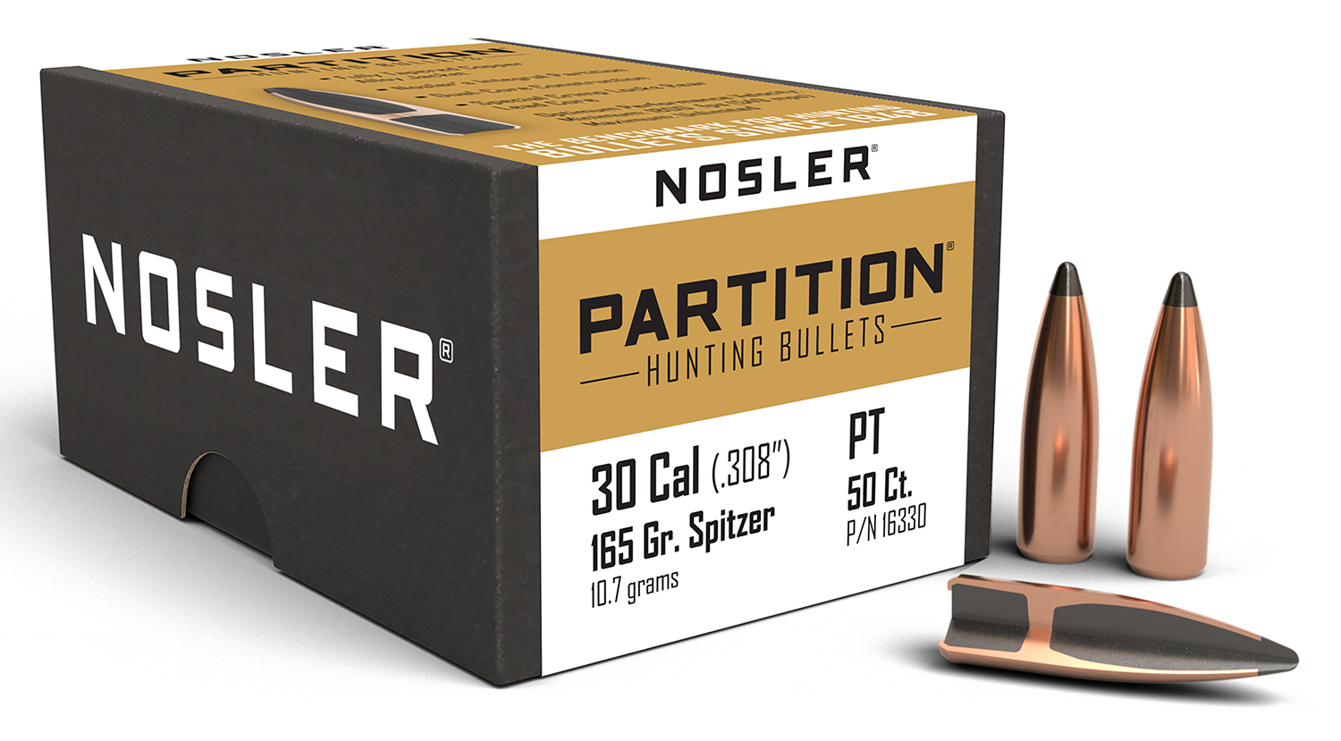 NOSLER Partition .30 Caliber .308" 165Gr Spitzer 50rd Rifle Bullets (16330)
