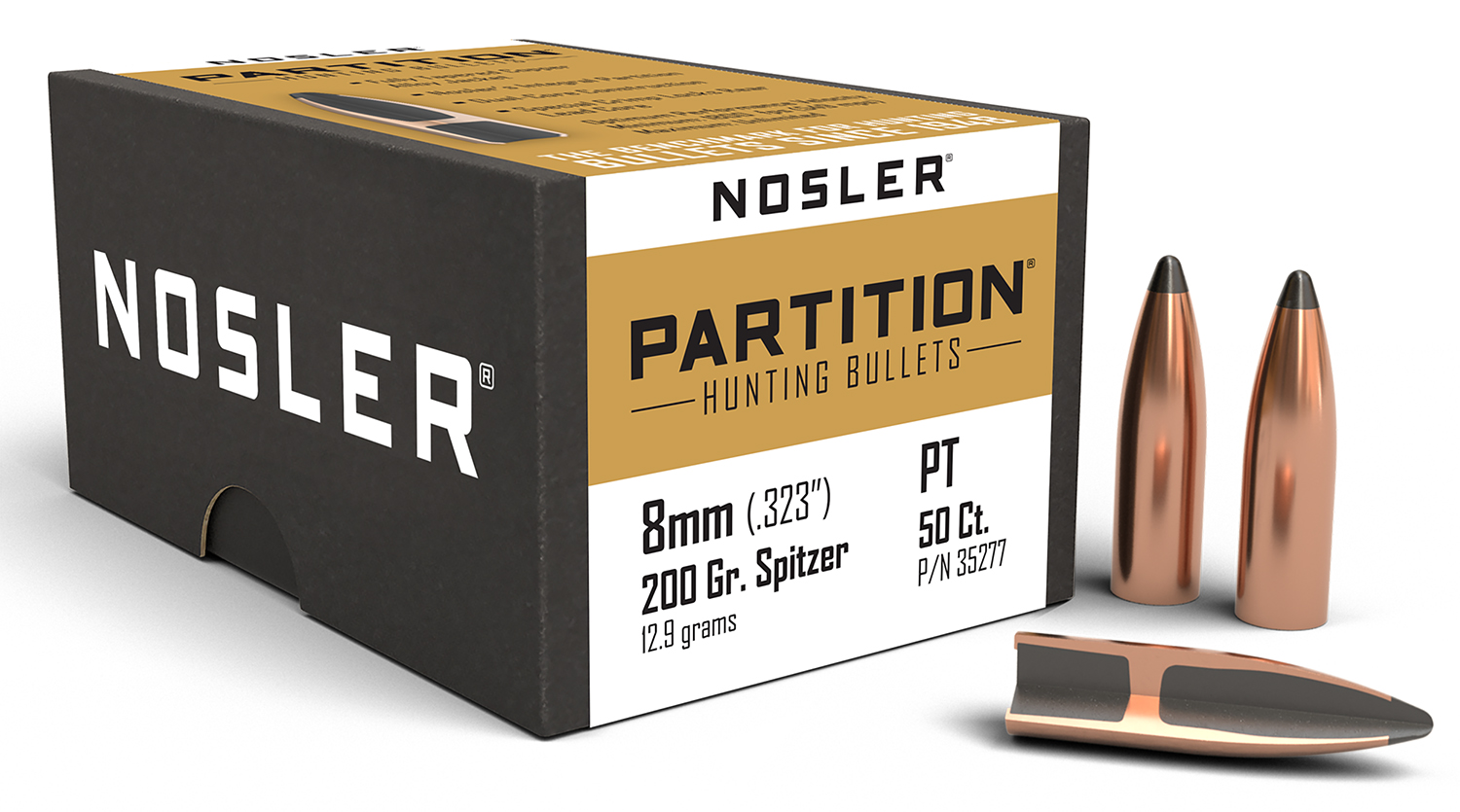 Nosler 35277 Partition 8mm .323, 200 GR Spitzer, Copper-Alloy Jacket, Lead Tip, 50 Box Set, USA Origin