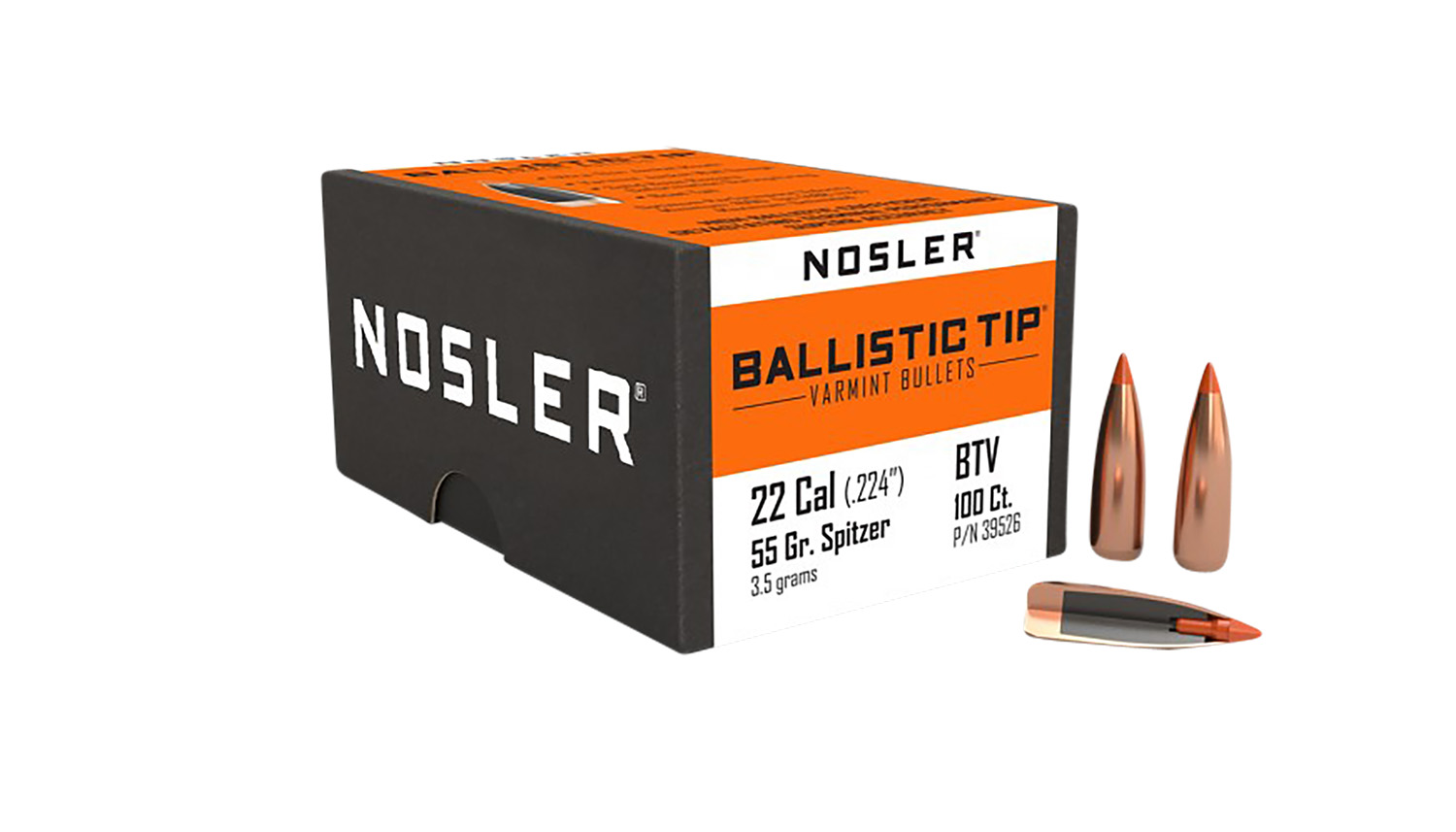 Nosler 39526 Ballistic Tip Varmint 22 Cal .224 55 gr Spitzer Point 100 Per Box - Nosler - 22 Caliber