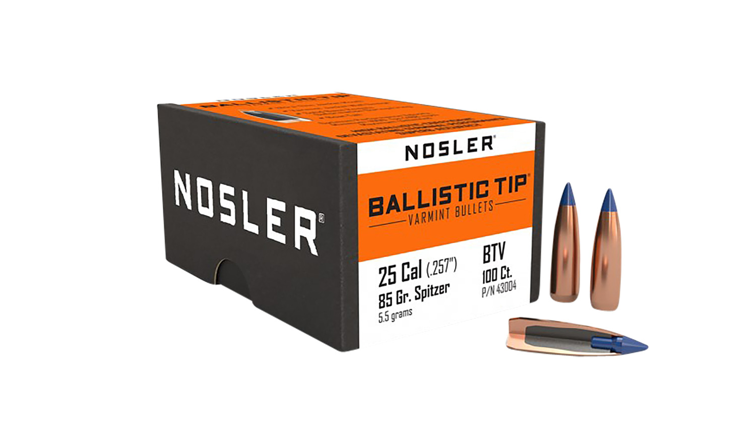 Nosler 43004 Ballistic Tip Varmint Bullets, 25 Cal .257, 85gr Spitzer Boat Tail, 100 Count