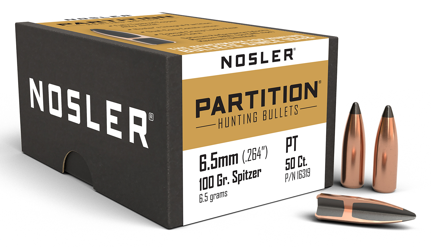 Nosler Partition 6.5mm 100 GR Spitzer Bullets, 50 Pack - Copper, Lead-Alloy Dual-Core, Superior Mushrooming