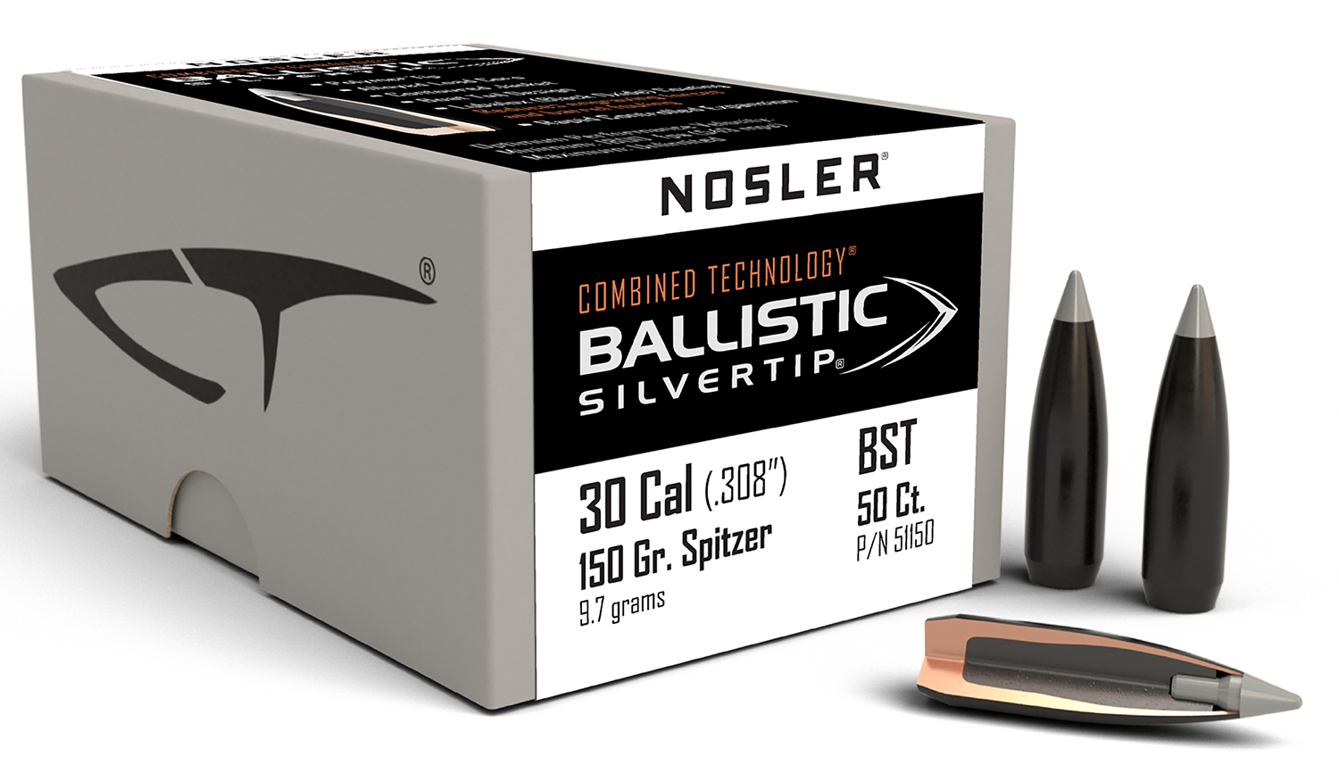 Nosler Ballistic Silvertip .30 Cal, 150 gr, Spitzer Point, 50 pk, Black, Polymer Tip, Lubalox Coating, 51150 Model
