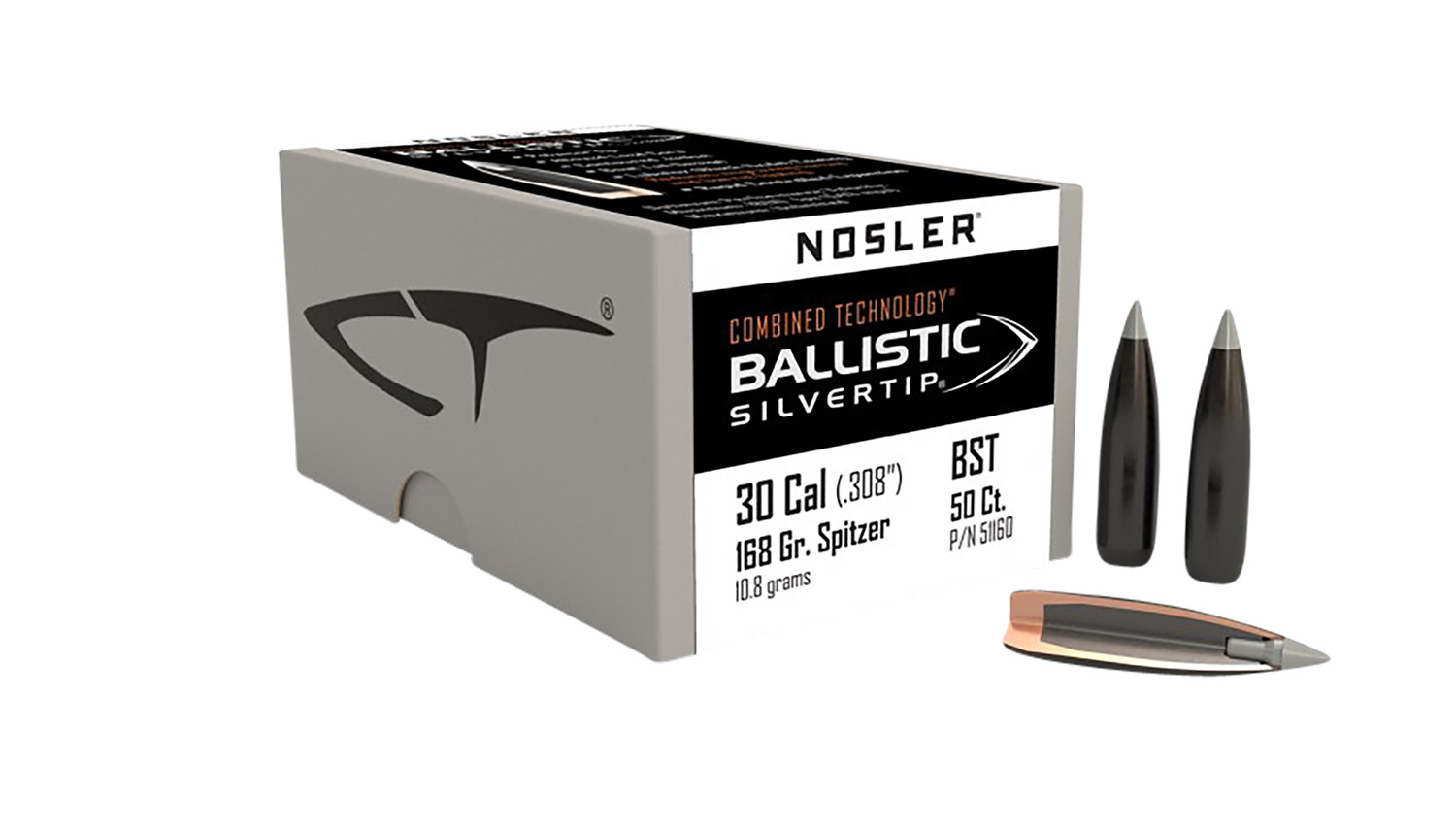 NOSLER Ballistic Silvertip .30 Caliber .308" 168Gr 50rd Box Bullets (51160)