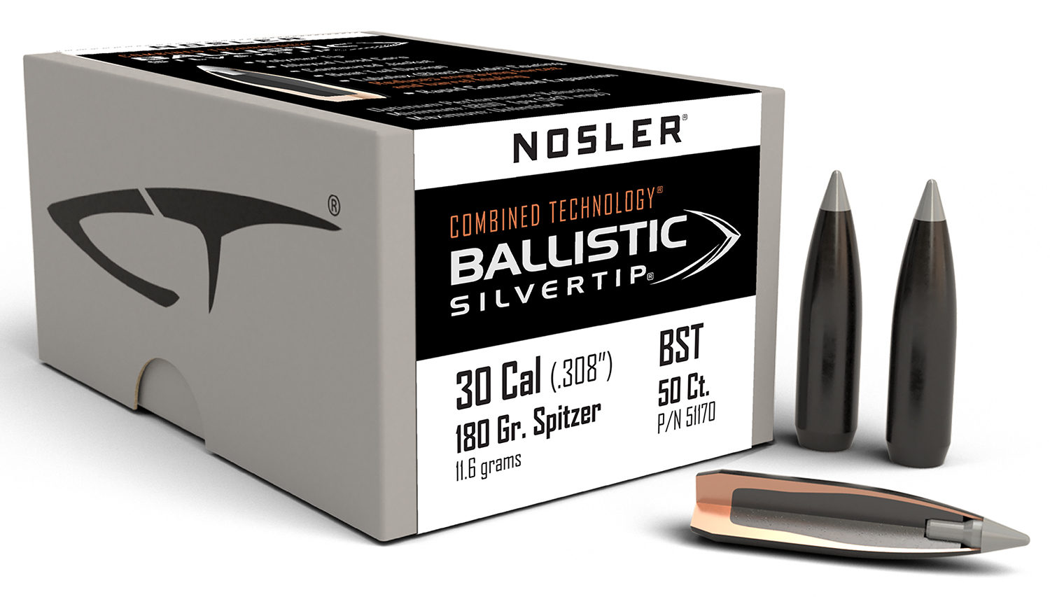Nosler 51170 Ballistic Silvertip Hunting 30 Cal .308 180 gr Spitzer Point 50 Per Box