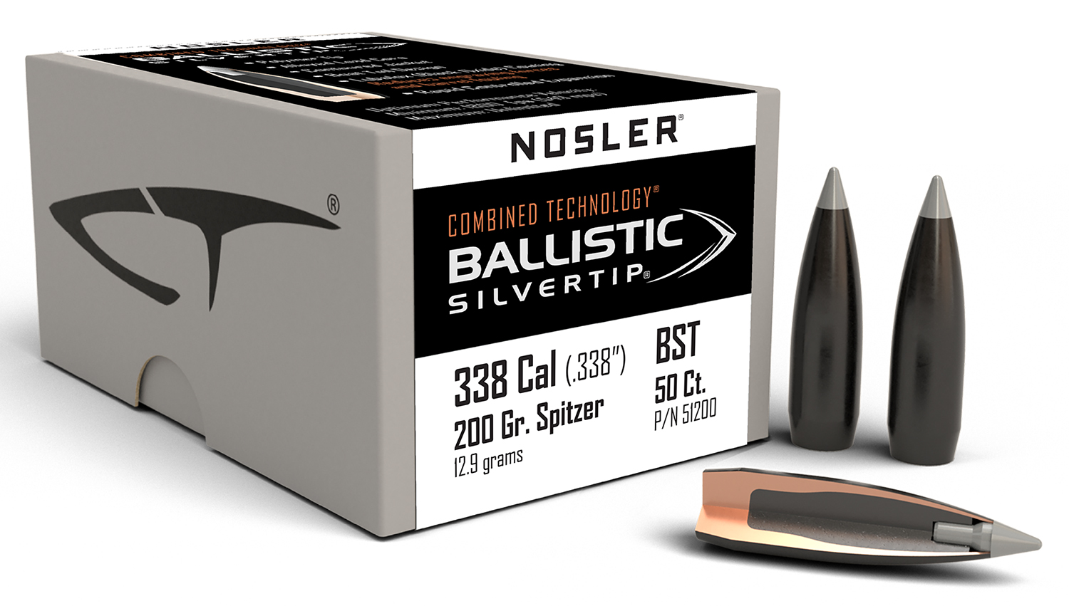 Nosler Bullets 338 Caliber, 200gr Ballistic Silver Tip, Spitzer Boat Tail Style, 50 Count