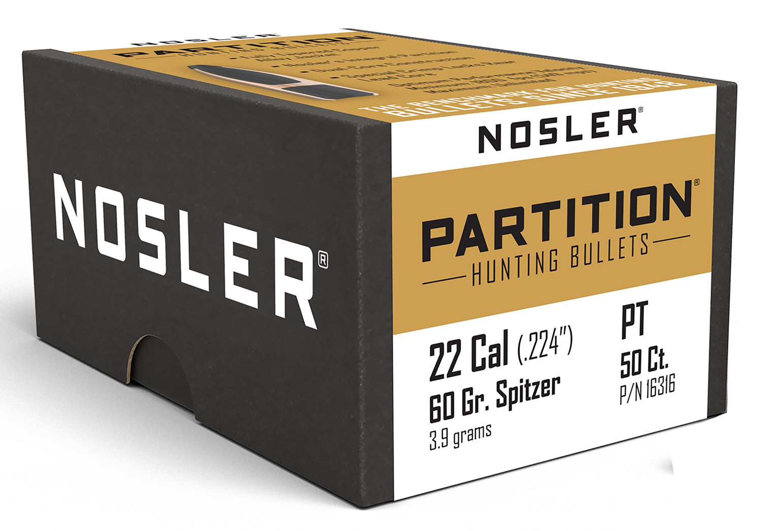 Nosler 22 Caliber (.224) 60 Grains Spitzer Partition (Per 50) 16316