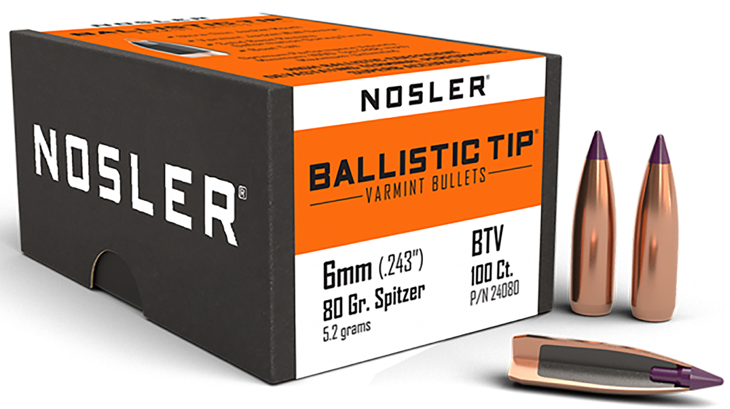 Nosler 24080 Ballistic Tip Varmint 6mm .243 80 gr Spitzer Point 100 Per Box