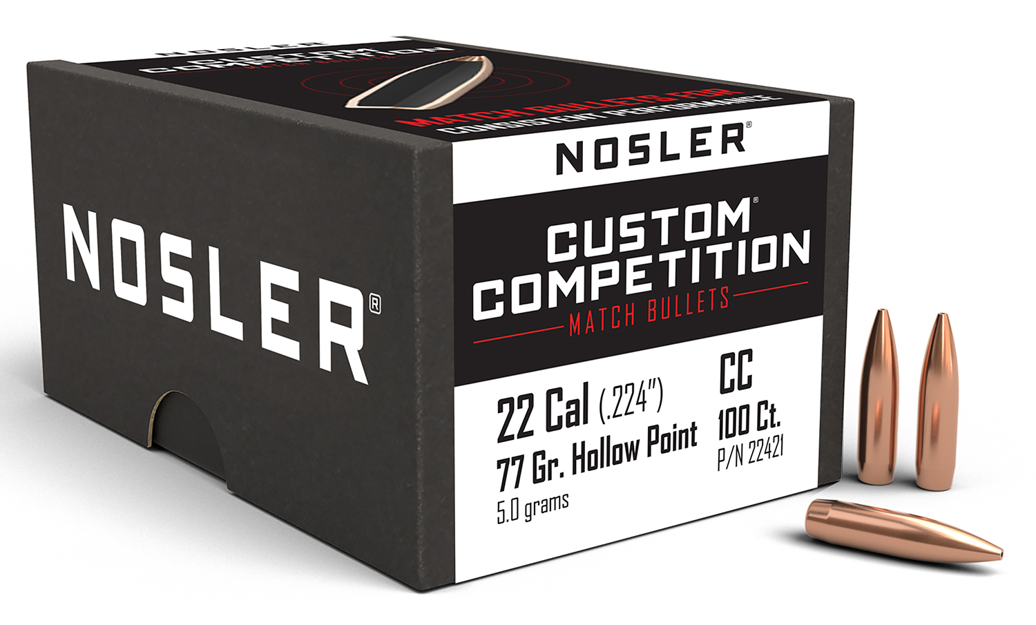 Nosler Custom Competition .22 Cal, 77gr HPBT Bullets, .224 Diameter, 100ct Box, Unloaded, MFR# 22421