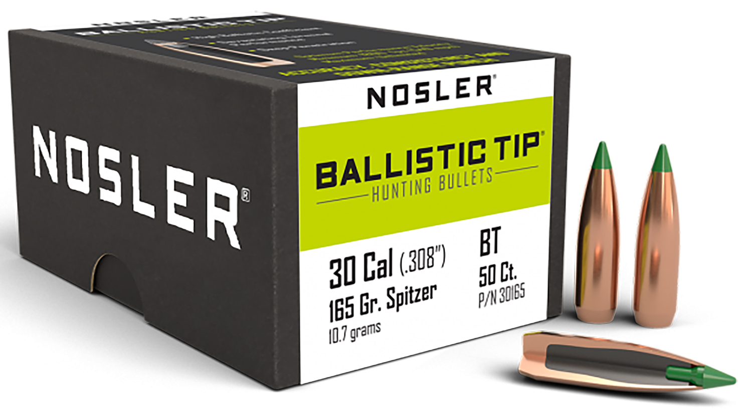 Nosler 30165 Ballistic Tip Hunting 30 Cal .308 165 gr Spitzer 50 Per Box - Nosler - 30 Caliber