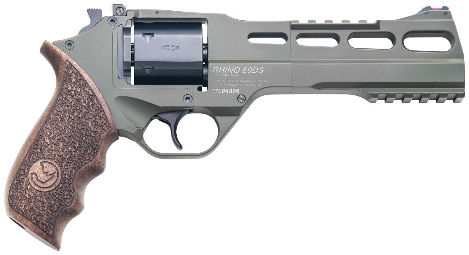 Chiappa Firearms 340282 Rhino 60DS Large Frame 357 Mag 6 Shot, 6" Green Cerakote Steel Vent Rib Barrel, Blued Steel Cylinder, Green Cerakote Aluminum Frame, Walnut Grip, Concealed Hammer