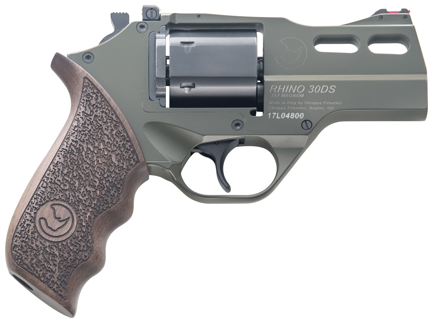 Chiappa Firearms CF340285 Rhino 30SAR *CA Compliant Small Frame 357 Mag 6 Shot, 3 Green Cerakote Steel Barrel, Blued Steel Cylinder, Green Cerakote Aluminum Frame, Walnut Grip, Exposed Hammer