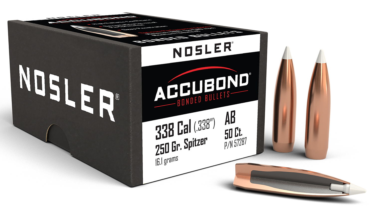Nosler 57287 AccuBond Hunting 338 Cal .338 250 gr Spitzer Point 50 Per Box