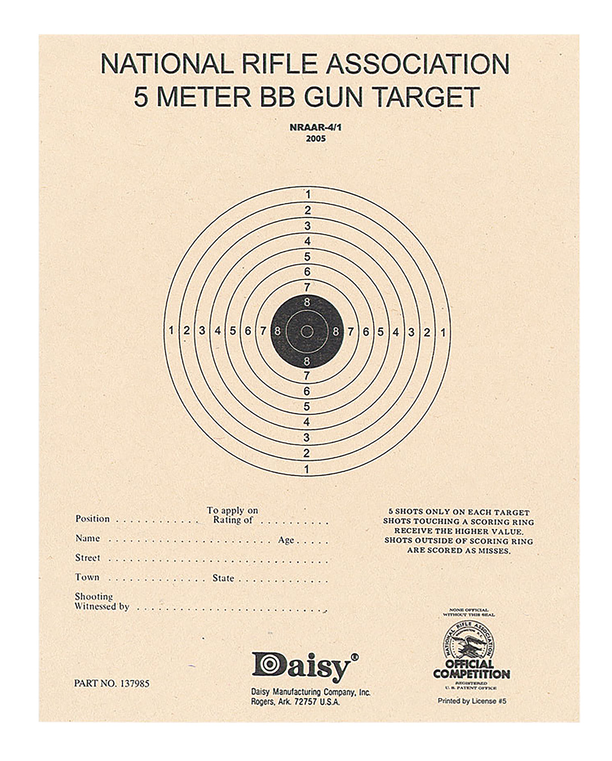 Daisy 408 NRA 5-Meter Target Air Rifle Bullseye Hanging Paper 5 Meters Air Rifle Black/White 50 Per Pkg