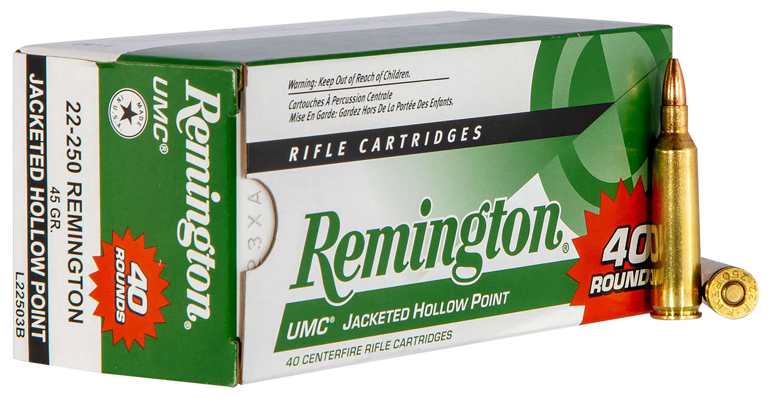 Remington UMC 22-250 Rem, 45gr JHP, 40rd - Gold, Ideal for Varmint Hunting & Target Shooting, USA Loaded