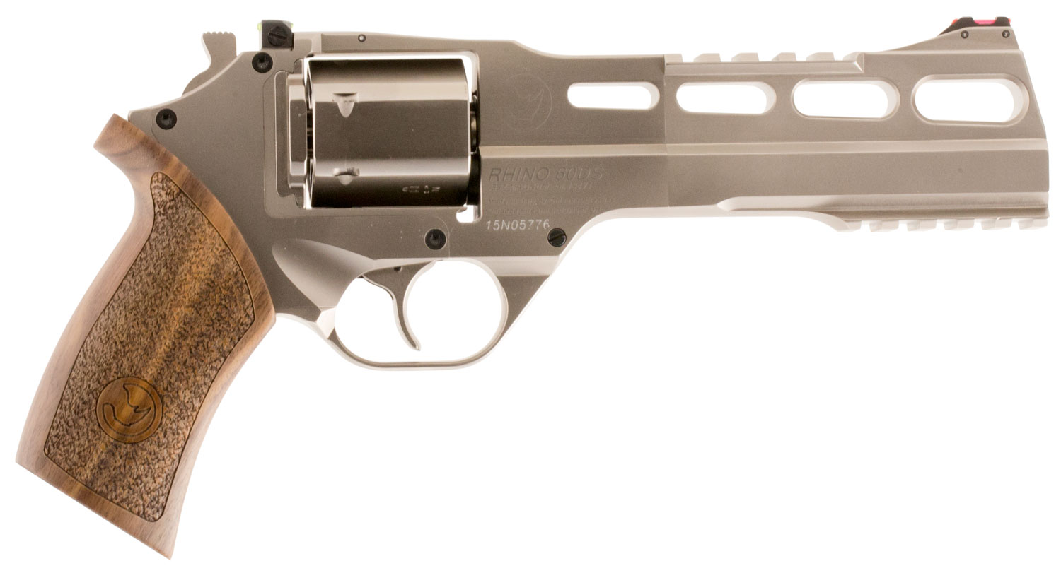 Chiappa Firearms 340224 Rhino 60DS  Small Frame 357 Mag 6 Shot, 6 Nickel-Plated Steel Vent Rib Barrel & Cylinder, Nickel-Plated Aluminum Frame, Walnut Grip, Concealed Hammer
