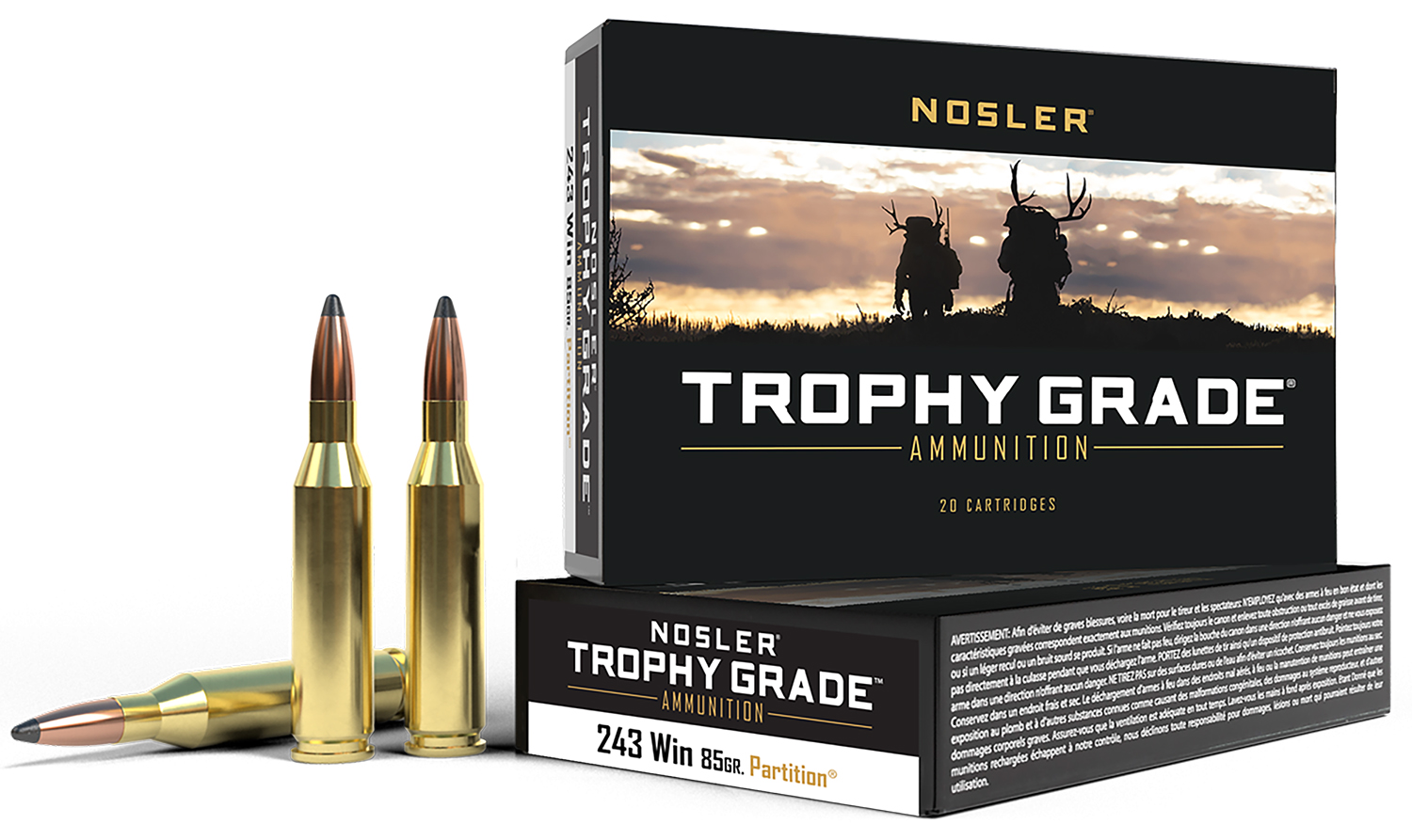Nosler 60002 Trophy Grade 243Win 85gr Spitzer Partition 20 Per Box/10 Case