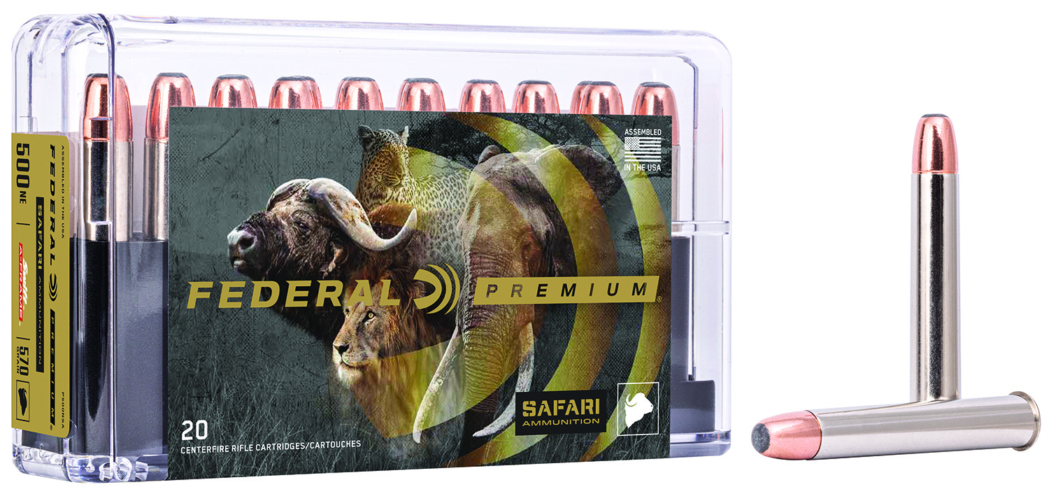Federal P500NSA Premium Safari Cape-Shok 500 Nitro Express 570 Gr Swift A-Frame (SWFR) 20 Per Box/ 10 Cs eral P500NSA Premium Safari Cape-Shok 500 Nitro Express 570 Gr Swift A-Frame (SWFR) 20 Per Box/ 10 Cs Ammo