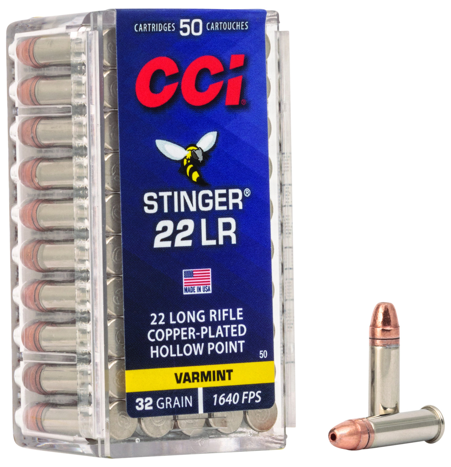 CCI 0050 Varmint Stinger 22 LR 32 gr Copper Plated Hollow Point (CPHP) 50 Bx/ 100 Cs