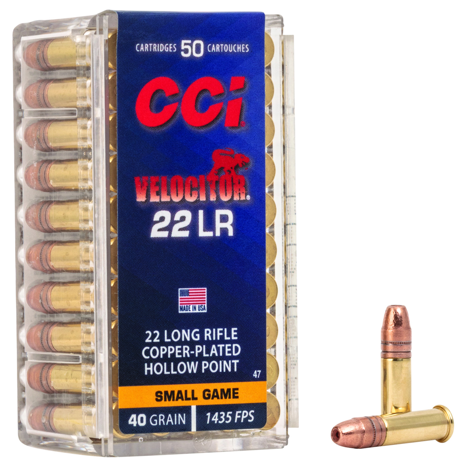 CCI 0047 Velocitor  22 LR 40 gr Copper Plated Hollow Point (CPHP) 50 Bx/ 100 Cs