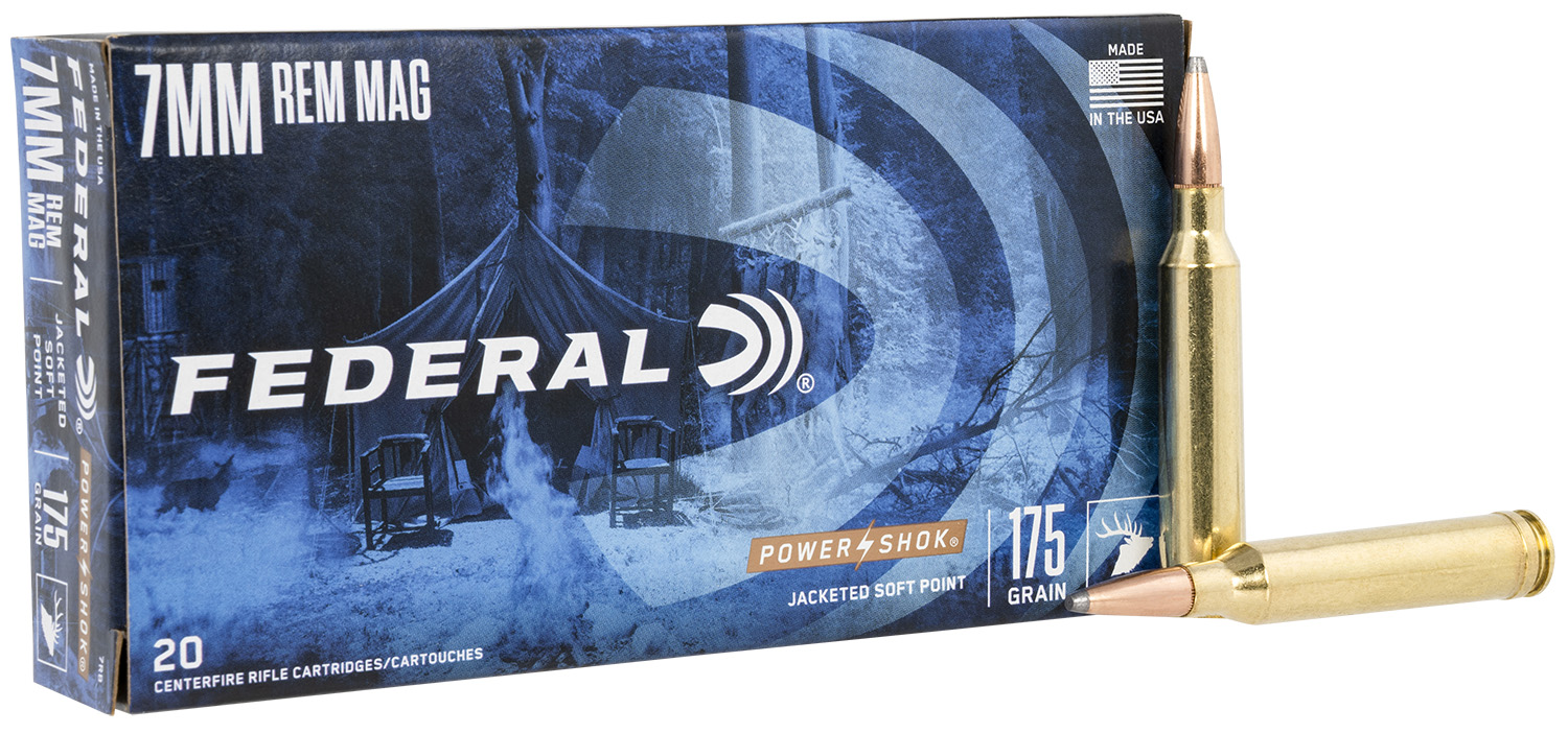 Federal 7RB Power-Shok Hunting 7mm Rem Mag 175 gr Jacketed Soft Point (JSP) Ammo - 20 Rounds per Box/ 10 Boxes per Case - UPC: 029465084448 - Federal Premium Ammunition - JACKETED SOFT POINT