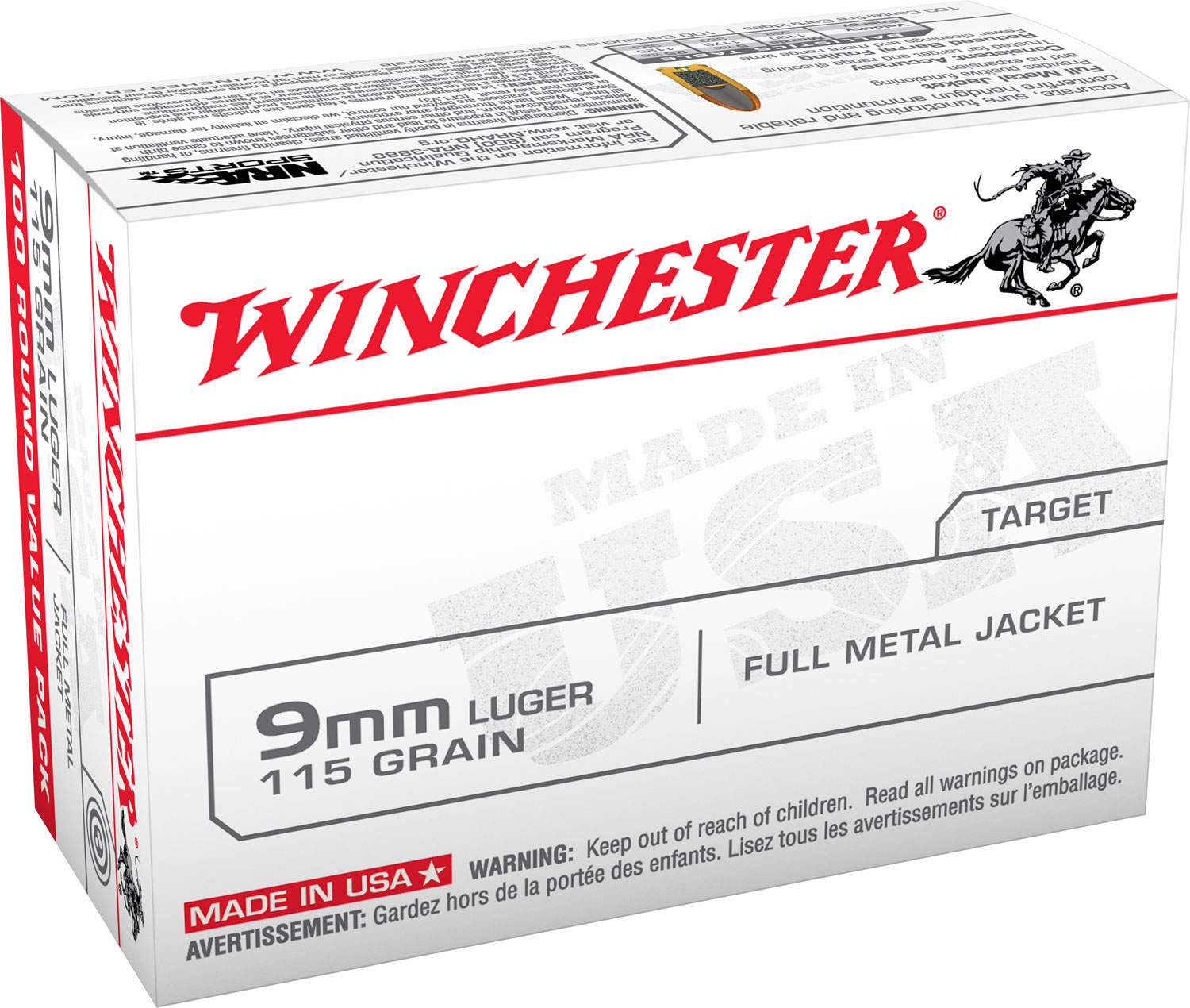 Winchester Ammo USA9MMVP USA  9mm Luger 115 gr Full Metal Jacket (FMJ) 100 Bx/10 Cs (Value Pack)