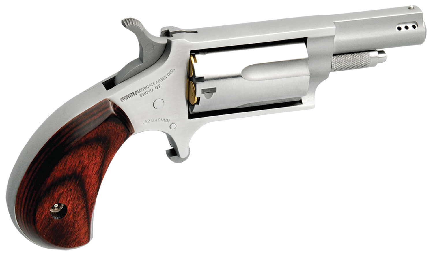 North American Arms NAA22MP Mini-Revolver  22 WMR 5 Shot 1.63 Ported Barrel,  Overall Stainless Steel Finish, Rosewood Birdshead Grip