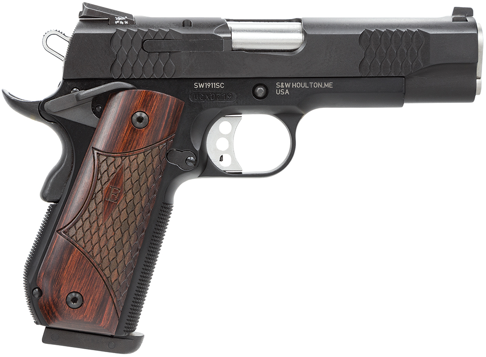 Smith & Wesson 108483 1911 E-Series 45 ACP 7+1/8+1, 4.25 Stainless Steel Barrel, Black Serrated Stainless Steel Slide, Black Aluminum Frame w/Beavertail, Round Butt Laminate Wood Grip