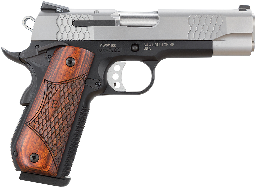 Smith & Wesson 108485 1911 E-Series 45 ACP  4.25 Barrel 8+1, Black Round Butt Scandium Frame, Satin Stainless Steel Slide, Laminate Wood Grip, Manual Grip & Thumb Safety