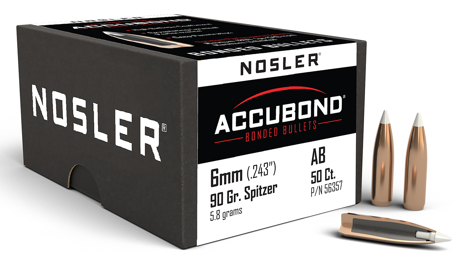 Nosler 56357 AccuBond Hunting 6mm .243 90 gr Spitzer Point 50 Per Box - Nosler - 6mm