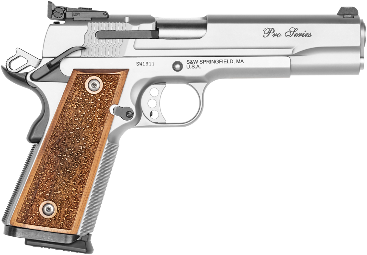 Smith & Wesson 178047 1911 Performance Center Pro  Full Size Frame 9mm Luger 10+1 5" Stainless Steel Barrel, Matte Silver Serrated Stainless Steel Slide & Frame w/Beavertail, Wood Grip