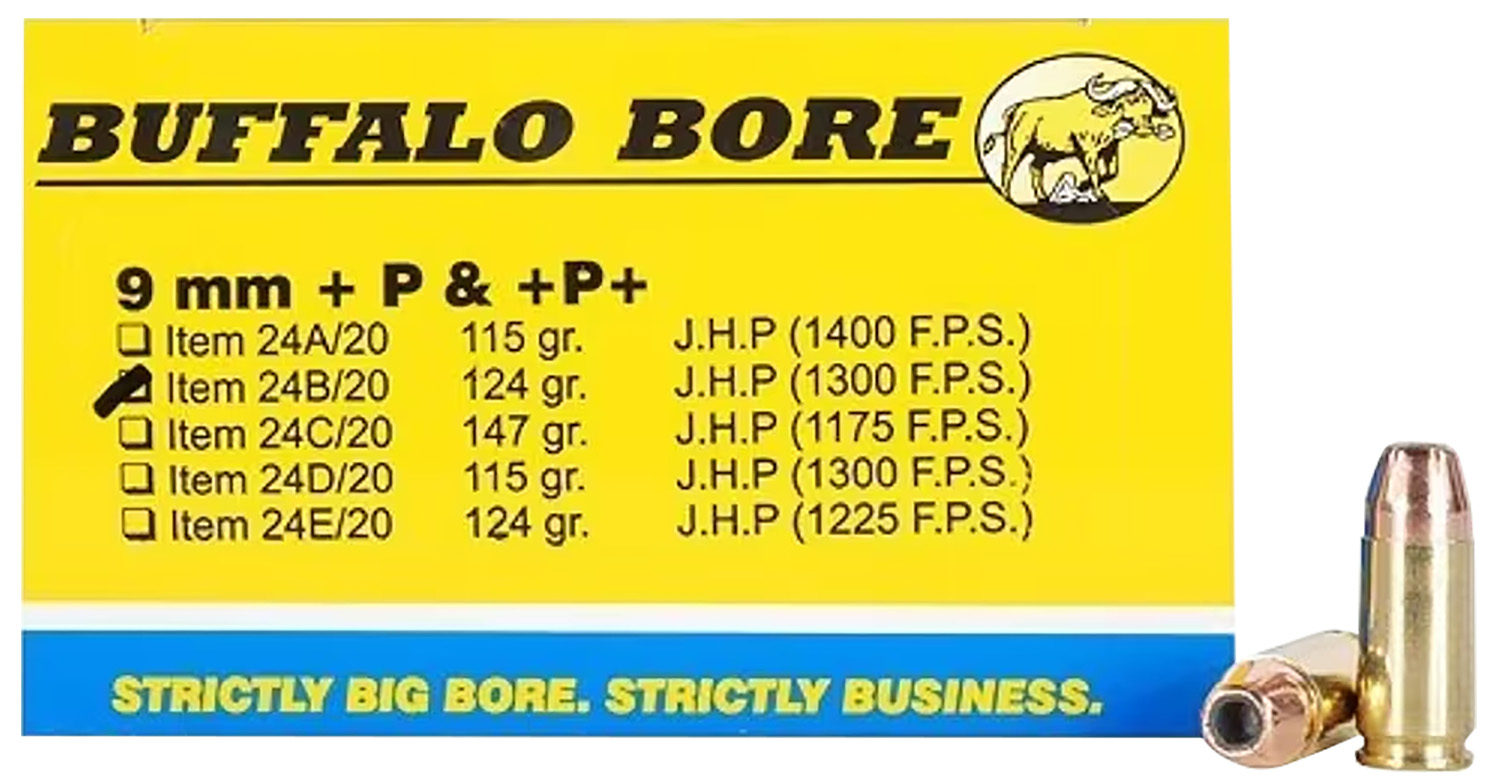 Buffalo Bore 24B20 9mm Luger +P+ 124gr JHP Ammo 20 Rounds - BBA - JACKETED HOLLOW POINT