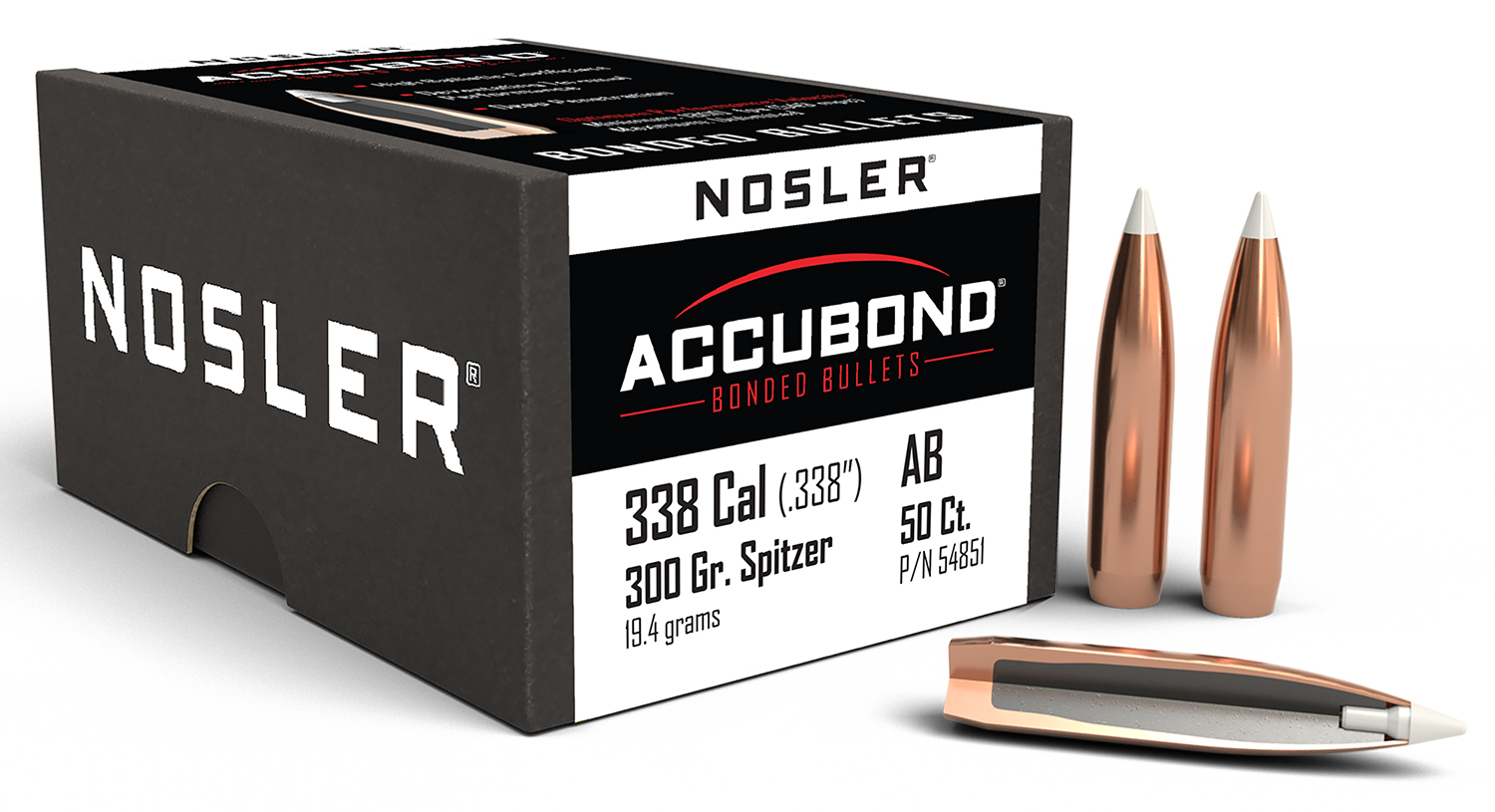 NOSLER AccuBond .338 Caliber .338" 300Gr Spitzer 50rd Box Bullets (54851)