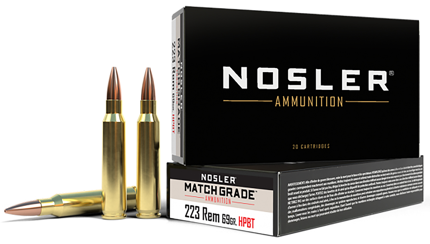 Nosler Match Grade 223 Remington Ammo - 69 Grain, CCHPBT, 20 Rounds, High-Performance, Brass Cased, 60023
