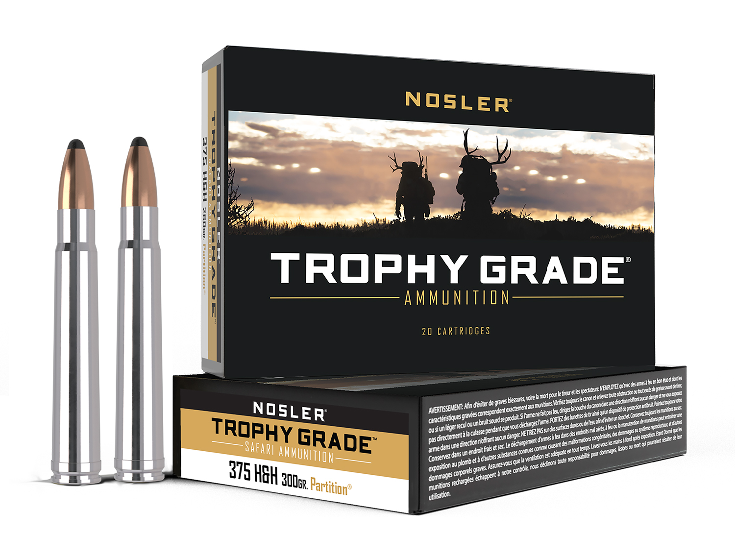 Nosler Safari 375 H&H Magnum 300gr Partition Nickel-Plated Brass Ammo, 20 Rounds - High Performance, Dangerous Game