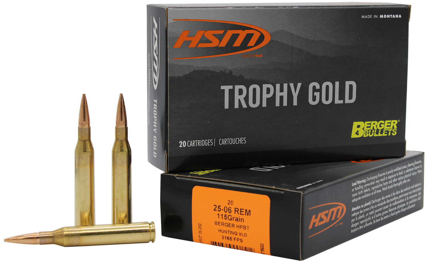 HSM 2506115VLD Trophy Gold 25-06 Rem 115gr Berger VLD 20 Rounds