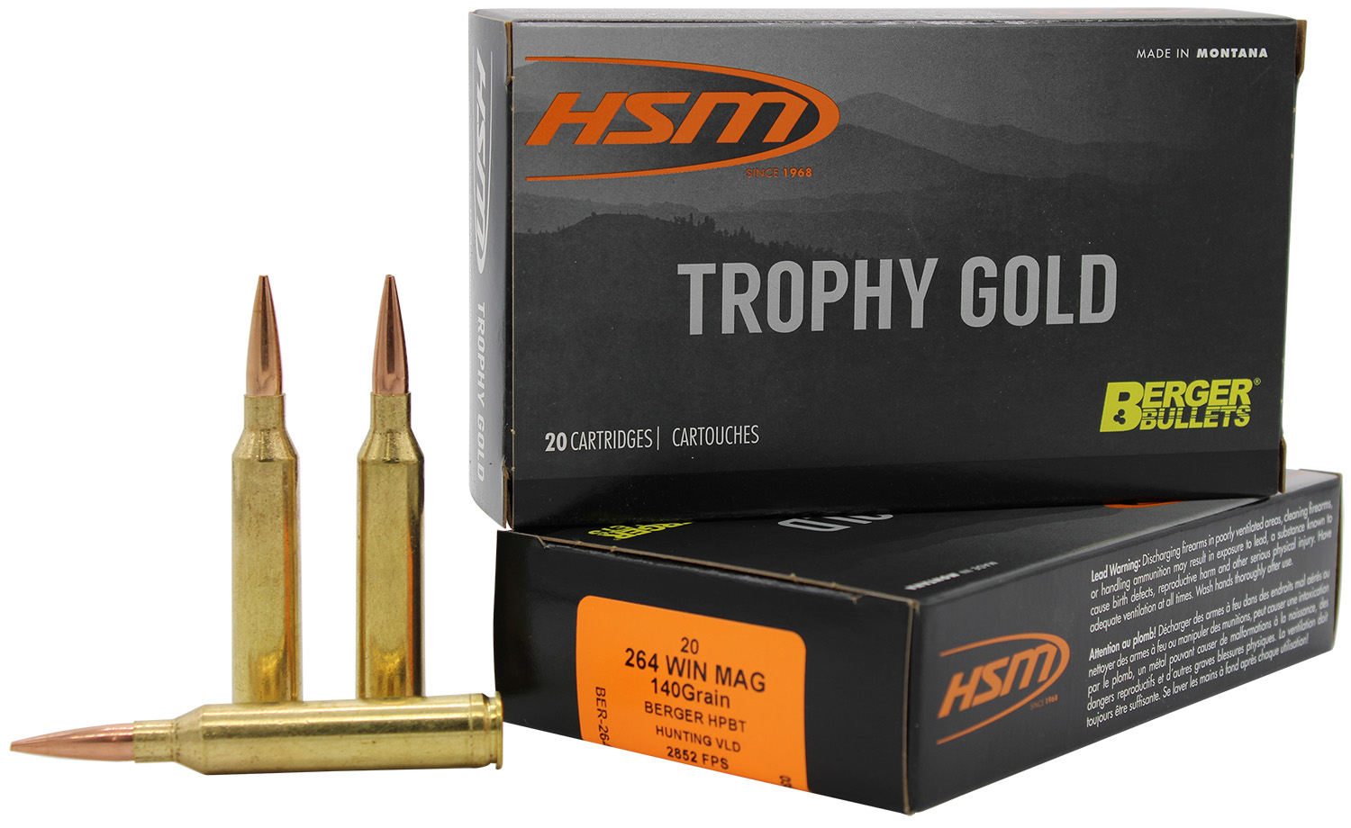 HSM Ammunition 264 Win Mag 140gr Berger VLD Trophy Gold Rifle Ammo 20 Rds