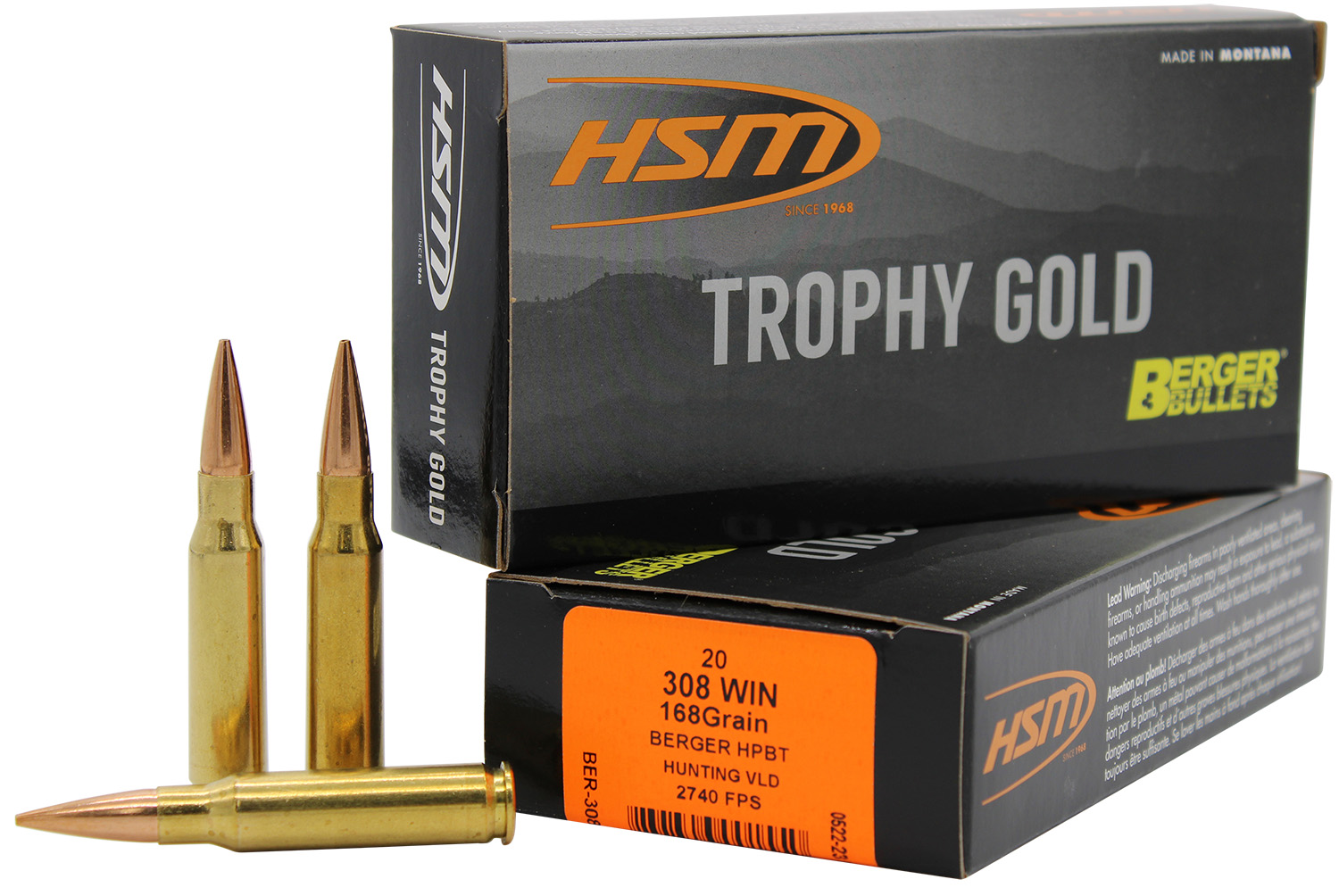 HSM Trophy Gold 308 Win (7.62 NATO) BTHP 168Gr 20rd Rifle Ammo BER308168VLD