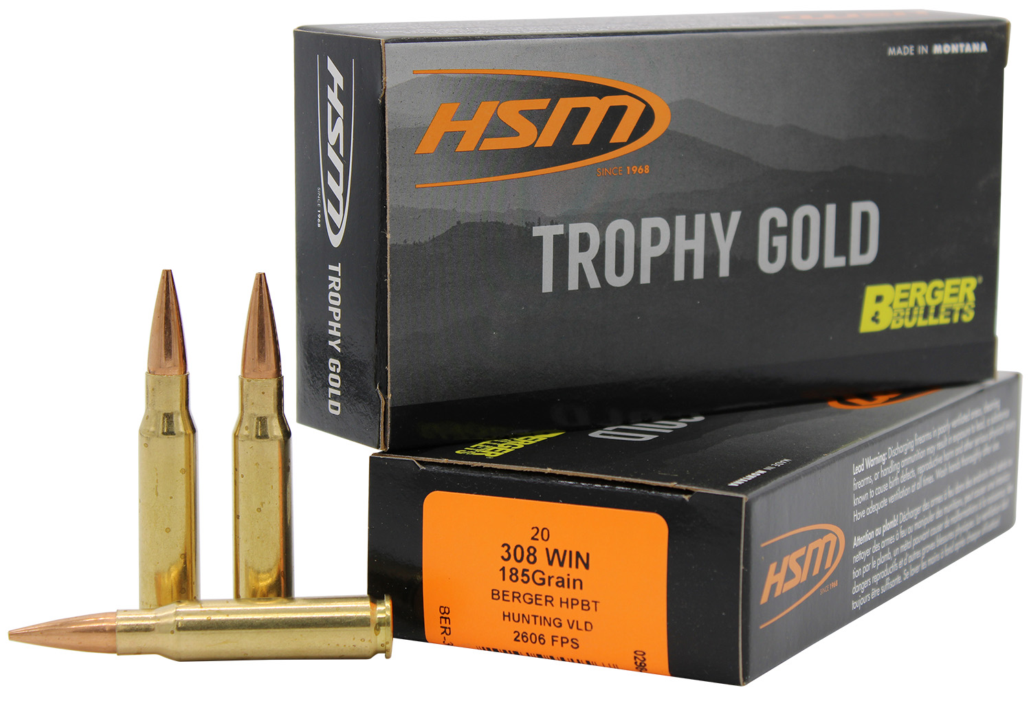 HSM 308185VLD Trophy Gold .308 Win 185gr Berger VLD 20 Rounds