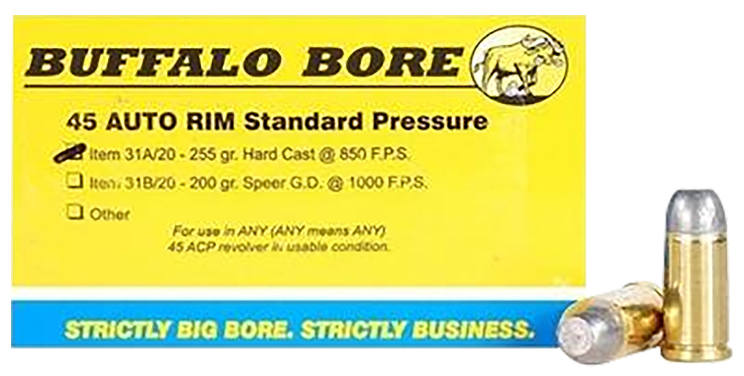Buffalo Bore 31A20 45 Auto Rim 255gr Hard Cast Flat Nose Ammo 20 Rounds - BBA - HARD CAST FLAT NOSE