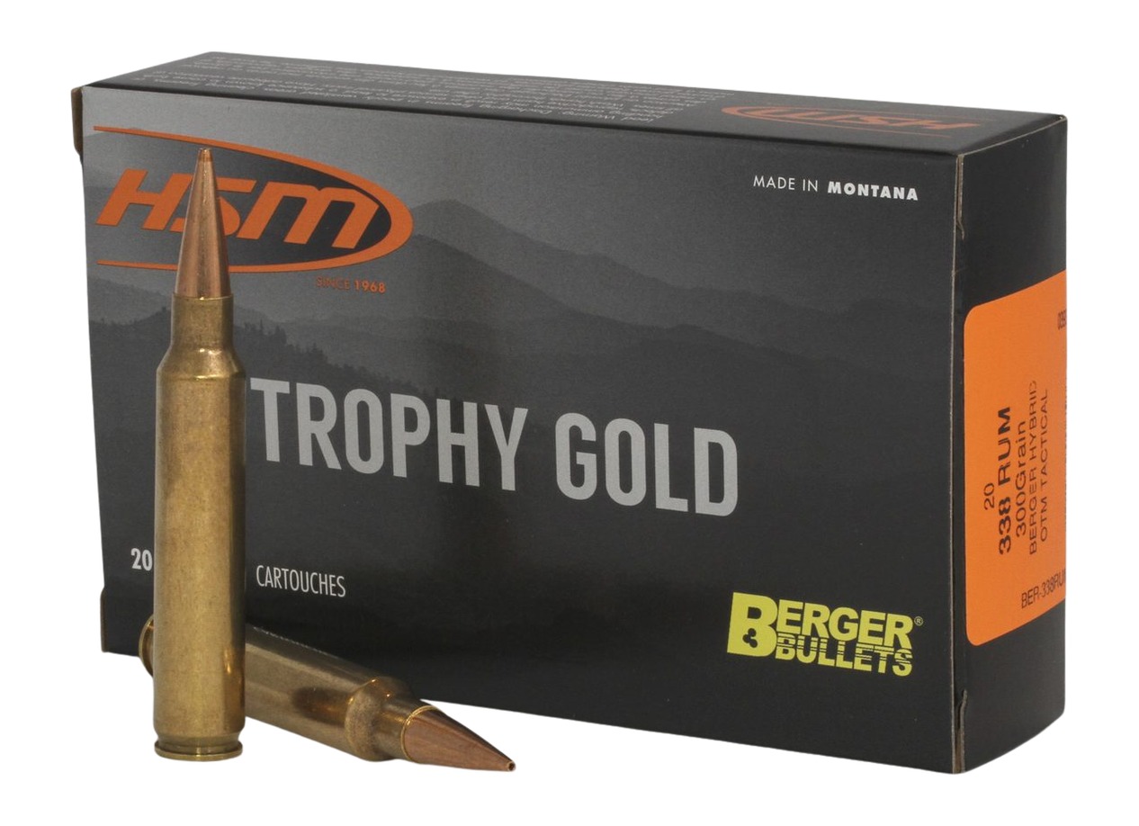 HSM Trophy Gold 338 RUM 300gr Berger Hybrid Tactical Open Tip Match Ammo (20 Rounds)