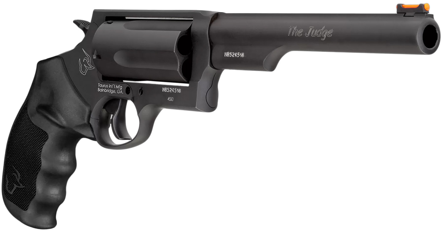 Taurus Judge Magnum Black 6.5 45 Colt/410 5rd — Superb Field Revolver 3 Taurus Judge Magnum Black 6.5 revolver in 45 Colt and 410, angled view showing the long black barrel, five-shot cylinder and rubber grip
