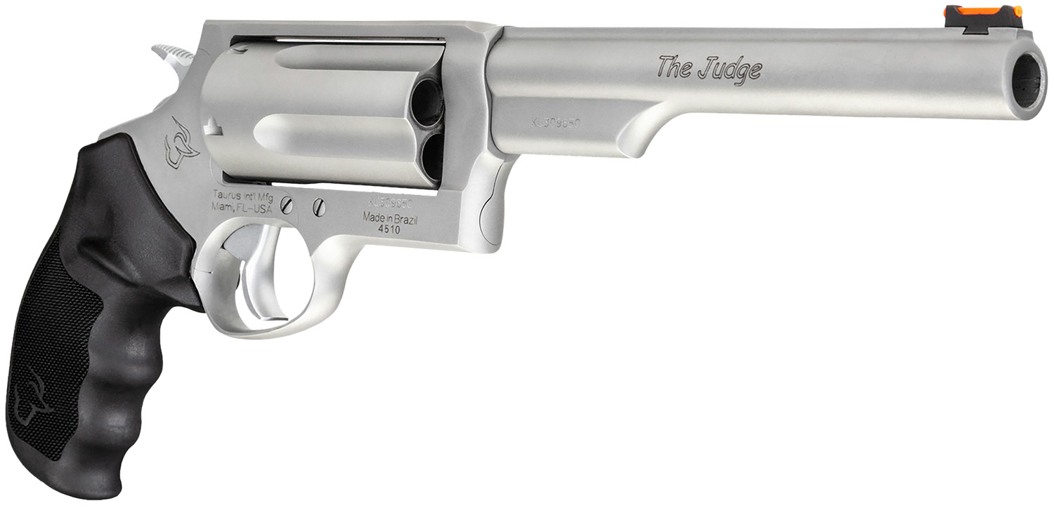 Taurus Judge Magnum 6.5 45 Colt/410 5rd Stainless — Superb Field Revolver 3 Taurus Judge Magnum 6.5 stainless revolver in 45 Colt and 410, angled view showing the long barrel, five-shot cylinder and rubber grip