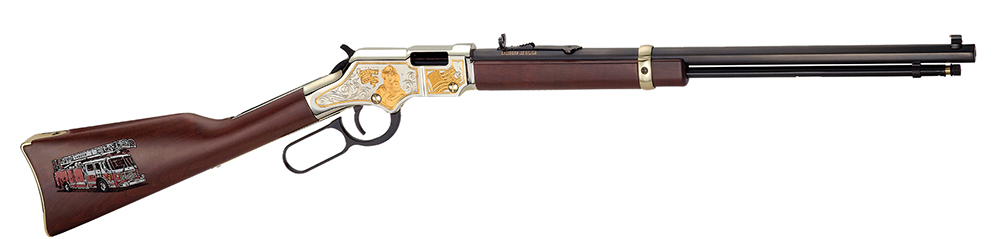 Henry H004FM Golden Boy Firefighter Tribute 22 Short, 22 Long or 22 LR Caliber with 16 LR/21 Short Capacity, 20" Blued Barrel, Nickel-Plated Metal Finish & American Walnut Stock Right Hand (Full Size)