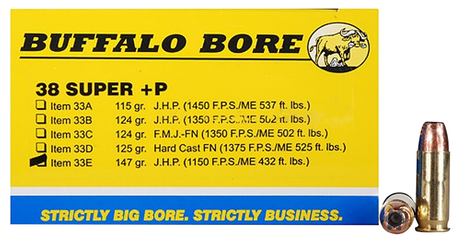 Buffalo Bore Ammunition 33E20 Personal Defense Strictly Business 38Super +P 147gr Jacket Hollow Point 20 Per Box/12 Case